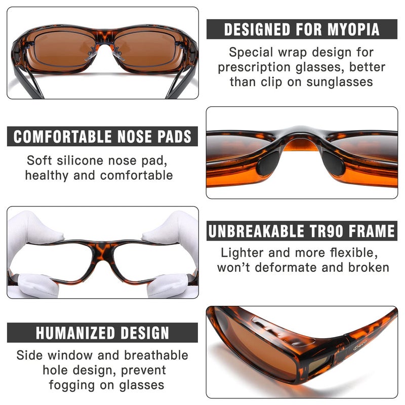 DUCO Polarized Wraparound Fitover Glasses Wear Over Sunglasses for Men Women UV Protection Sun Glasses 8954 (Tortoise Frame Brown Lens) - Image 5